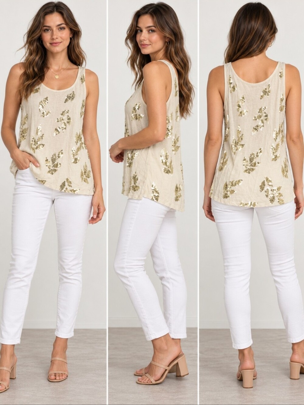 Tommy Bahama 100% Linen Ivory Gold Sequin Floral Sleeveless Tank Top XL